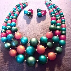 Vintage Coro Moonglow Necklace Earring Set Green Orange 50s Beaded Double Strand